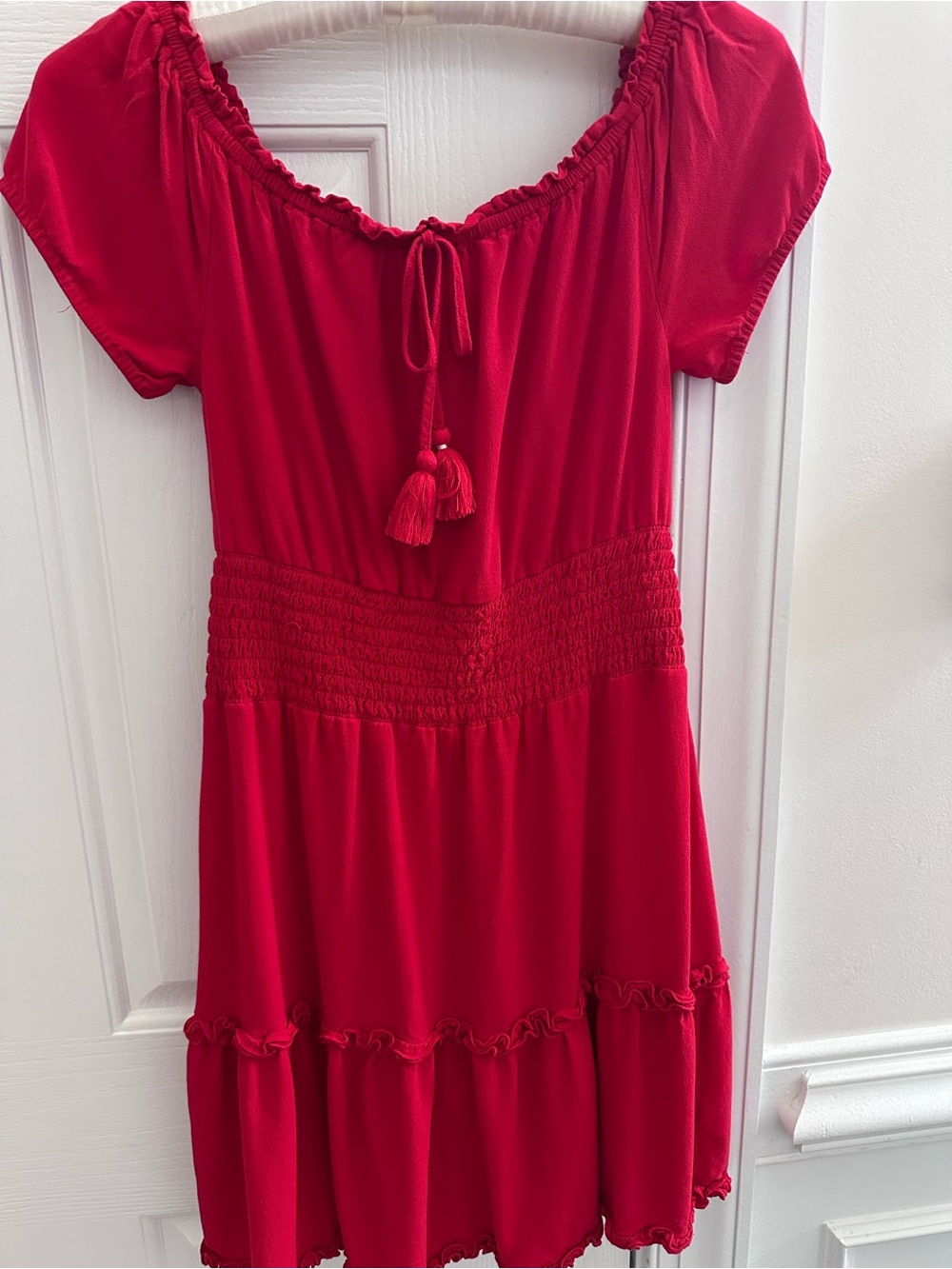 American Eagle Red Smocked Waist Tiered Ruffle Mini Peasant Dress Boho